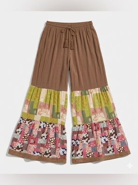 Easel Boho Patchwork Palazzo Wide Leg Pants Size Small Brown Multi NWT